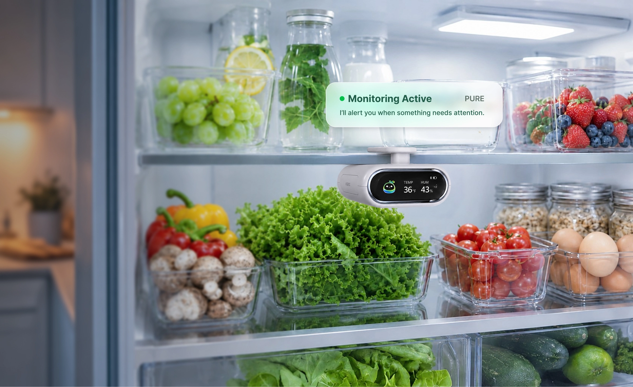 APRILIGHT PURE mounted inside a refrigerator stocked with fresh produce